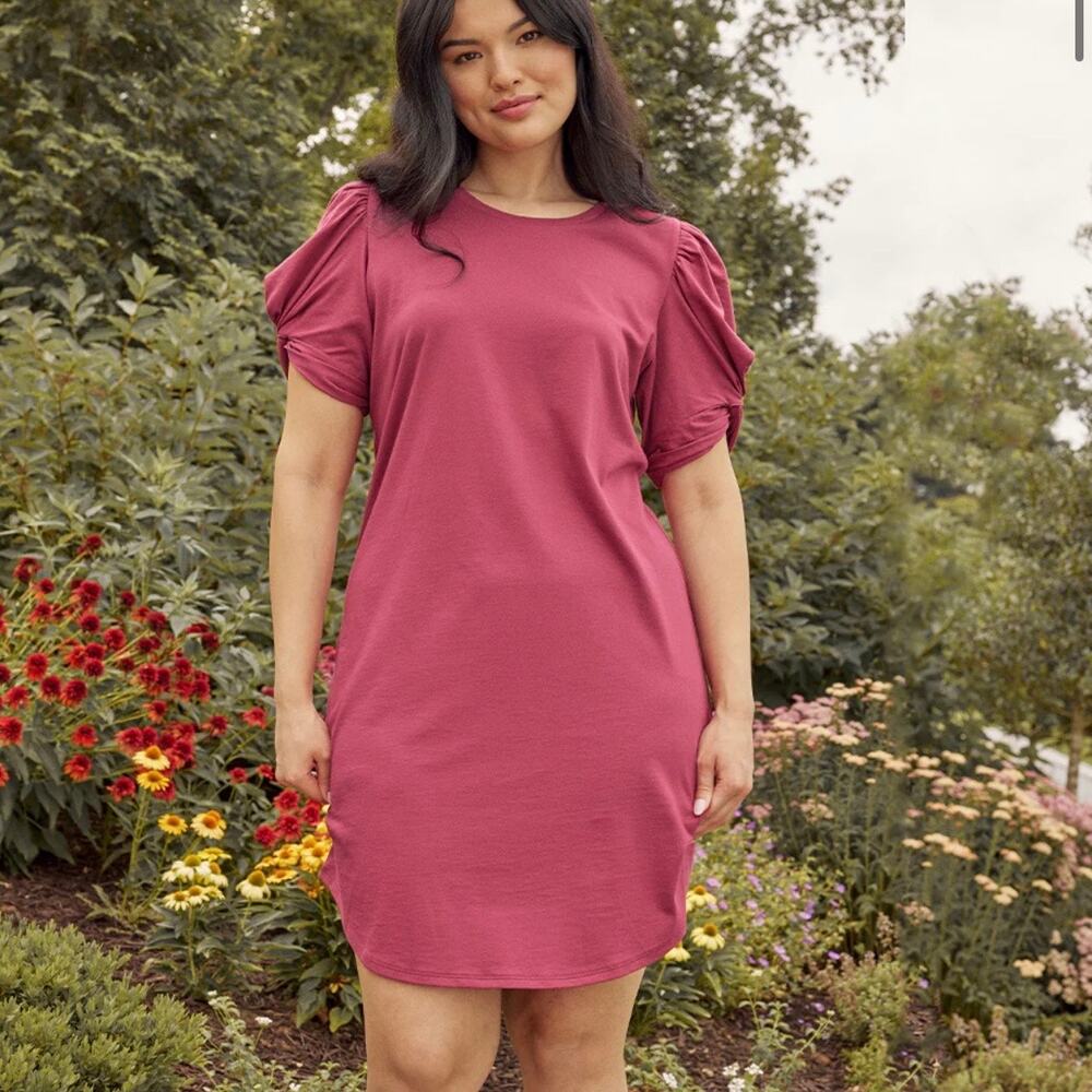 Summersalt Luxe Pima Twist Sleeve T-Shirt Dress Size L Currant 100% Pima Cotton